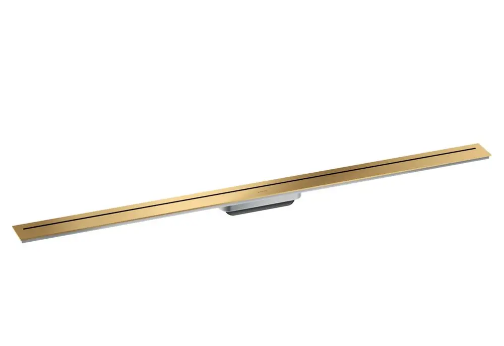 Wand- oder Boden-installierbare Duschrinne in gebürsteter Goldoptik, entworfen von AXOR. Schlichte, längliche Form mit zwei langen Rinnenöffnungen zur Wasserableitung.